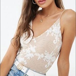 Floral Embroidered Mesh Thong Bodysuit
